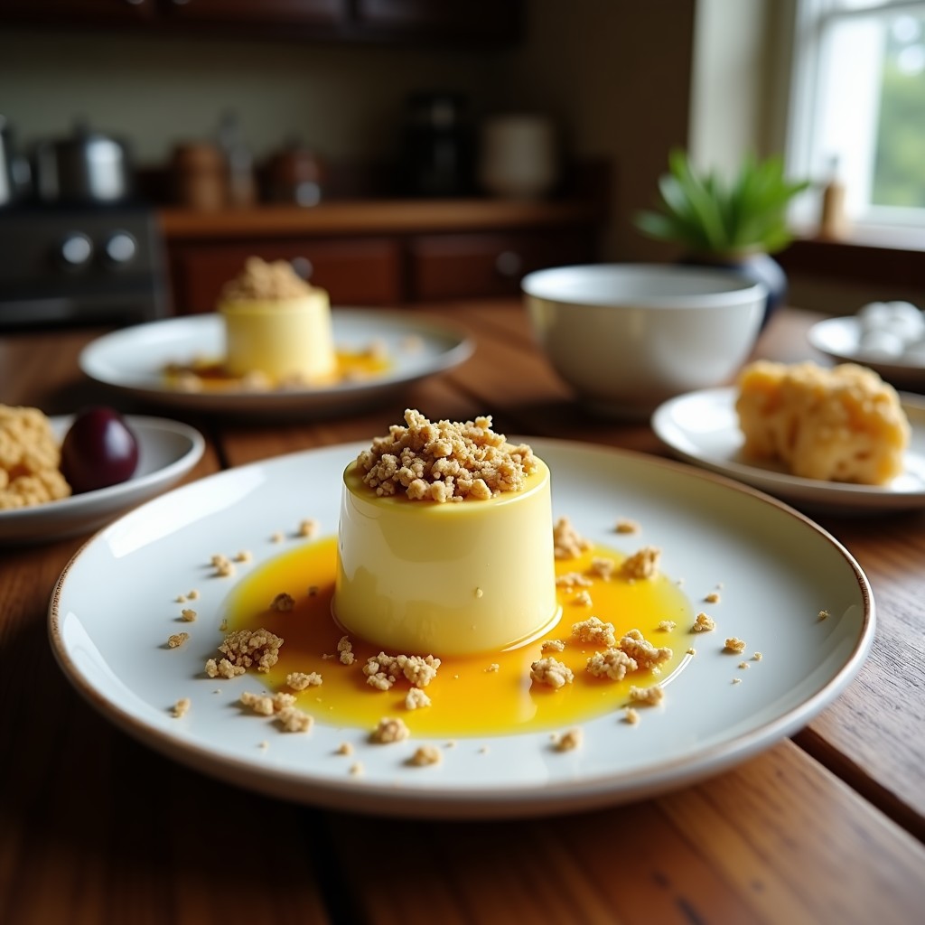 Copa de cristal transparente con pudín de chía amarillo vibrante y granola de coco dorada crujiente. Semillas de chía visibles en la superficie, decorado con trozos de maracuyá fresco y copos de coco. Fondo blanco con texturas naturales.