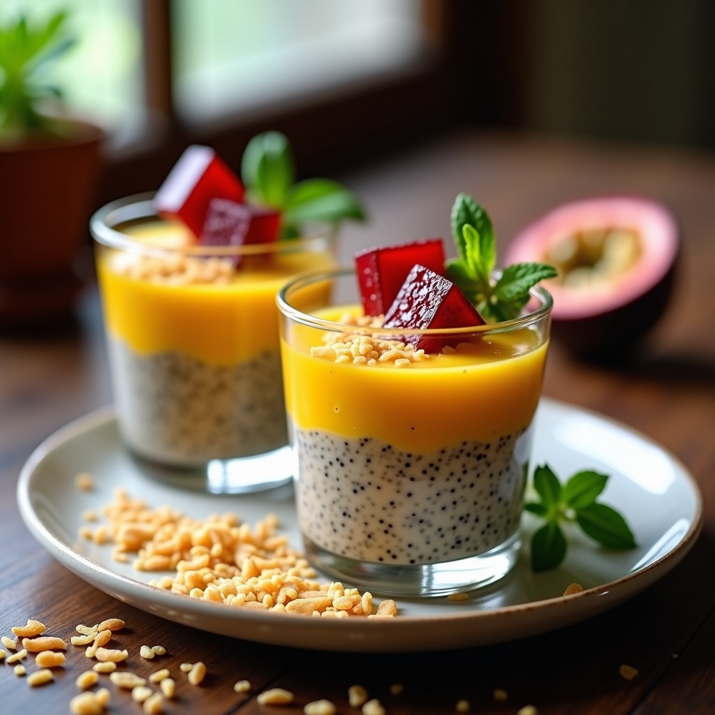 Copa de cristal transparente con pudín de chía y maracuyá vegano, decorado con coco rallado y almendras fileteadas. Textura cremosa con semillas de chía visibles y un toque tropical de pulpa de maracuyá amarilla. Fondo blanco con hojas de menta.