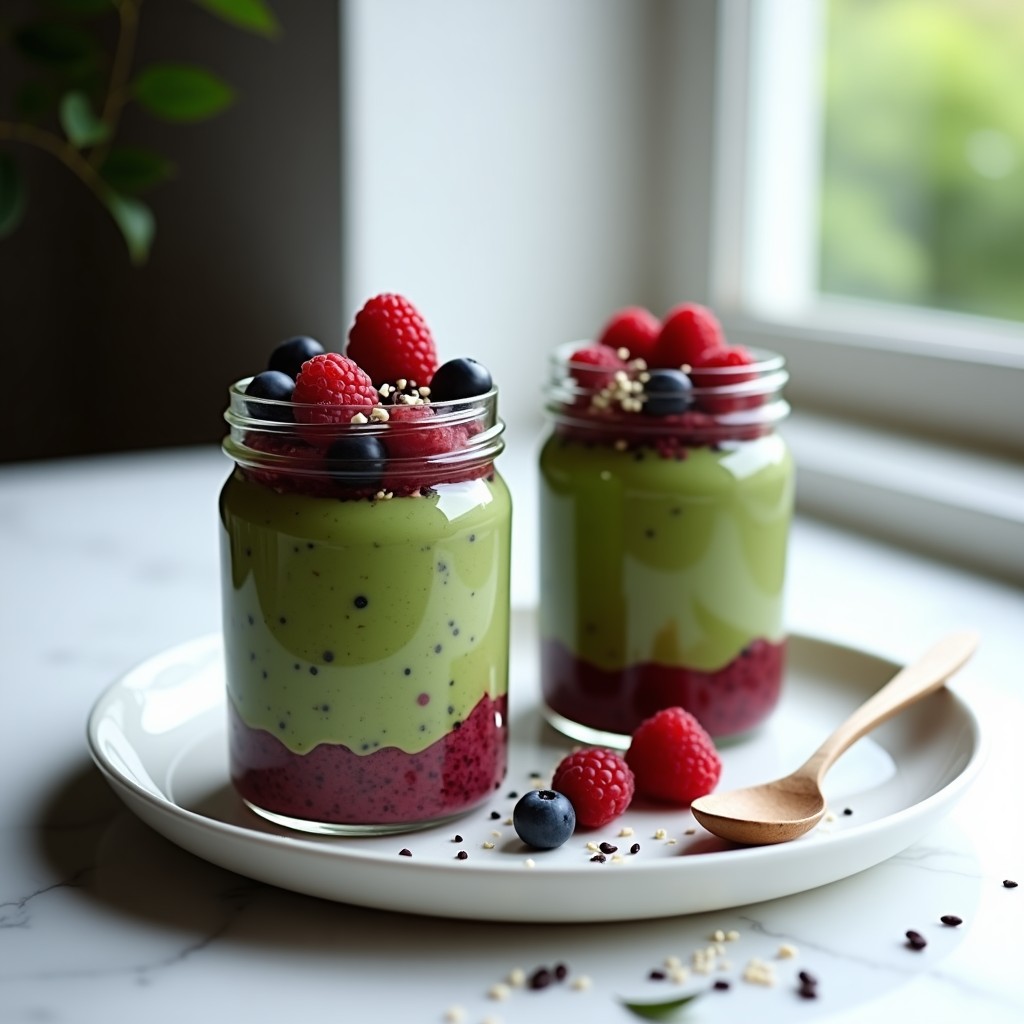 Vasitos transparentes con pudín de chía y té matcha en capas verdes, alternadas con compota de frutos rojos rojos y morados. Decorado con coco rallado, semillas de sésamo negro y frambuesas frescas. Plato vegano, antioxidante y overnight sobre fondo blanco.