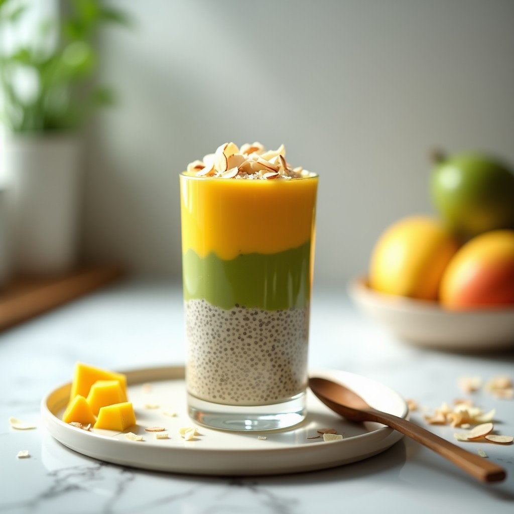 Pudín de Chía con Capas de Matcha y Mango: Desayuno o Postre Sin Cocción