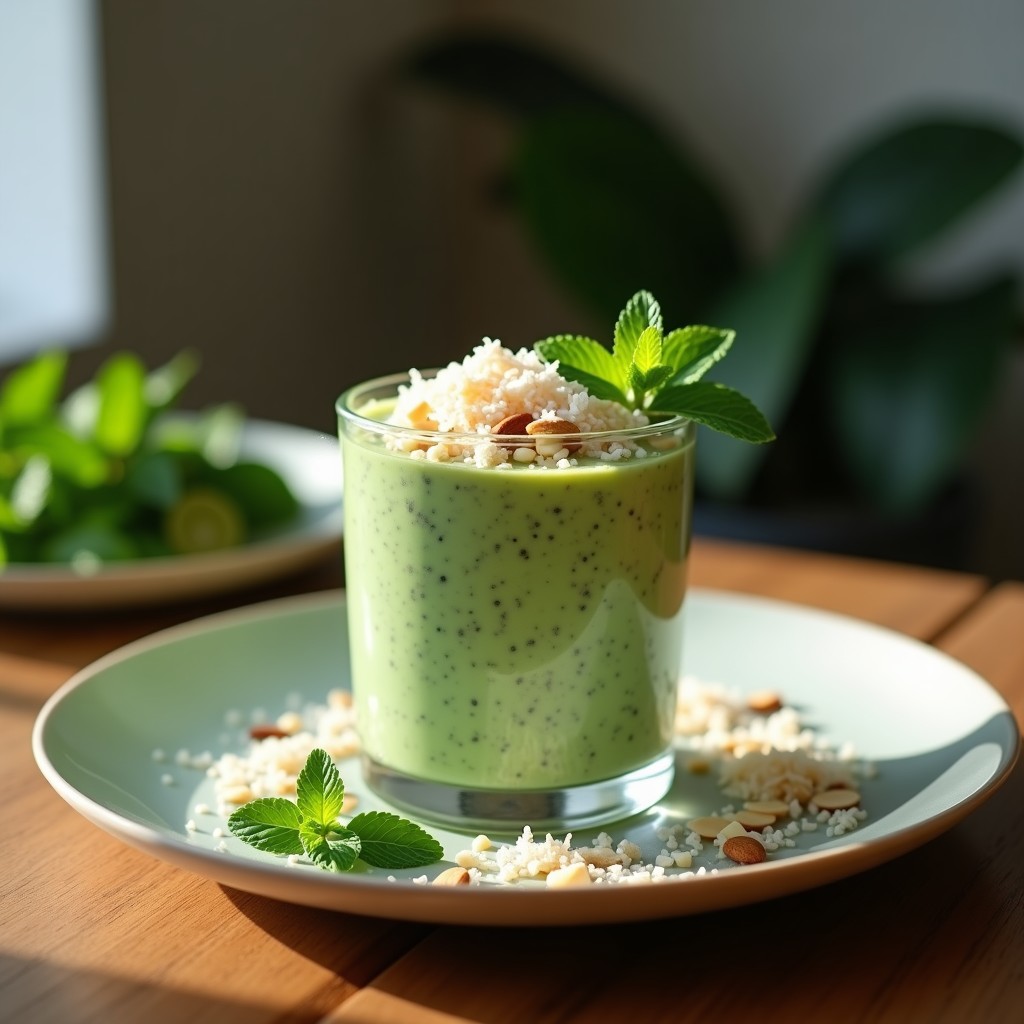 Vaso transparente con pudín de chía verde esmeralda, decorado con coco rallado, almendras fileteadas y hojas de menta fresca. Receta de pudín de chía con matcha y menta sin azúcar.