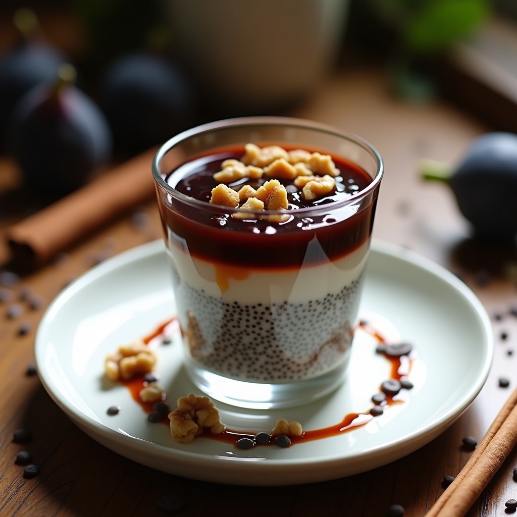 Copa de cristal transparente con pudín de chía cremoso en capas, coronado por una generosa capa de mermelada de higo negro brillante y nueces picadas. Fondo rústico con especias y semillas de chía esparcidas.