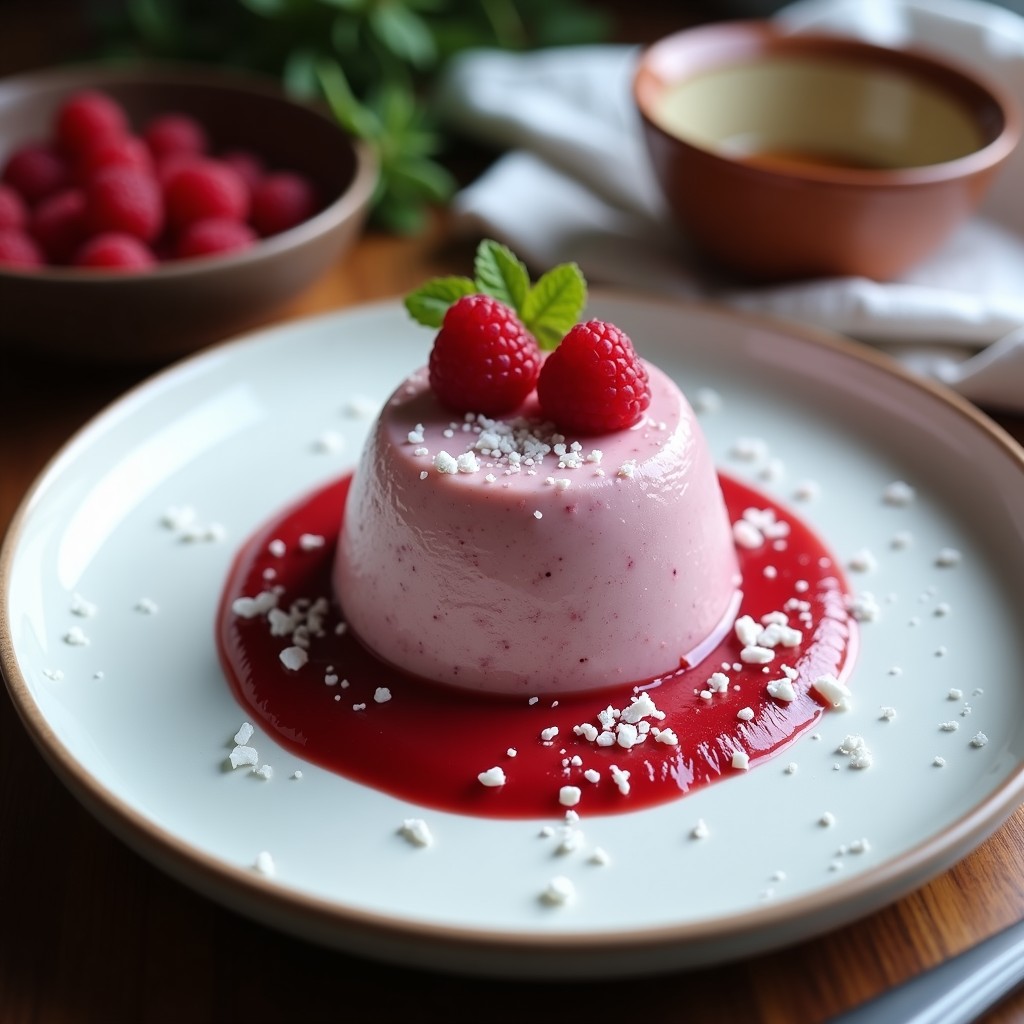 Vasito de cristal transparente con pudín de chía en capas: base cremosa de chía con leche de anacardos, capa intermedia de puré de frambuesa vibrante y topping de virutas de coco blancas. Decorado con una frambuesa fresca y hojas de menta, sobre fondo de madera clara.