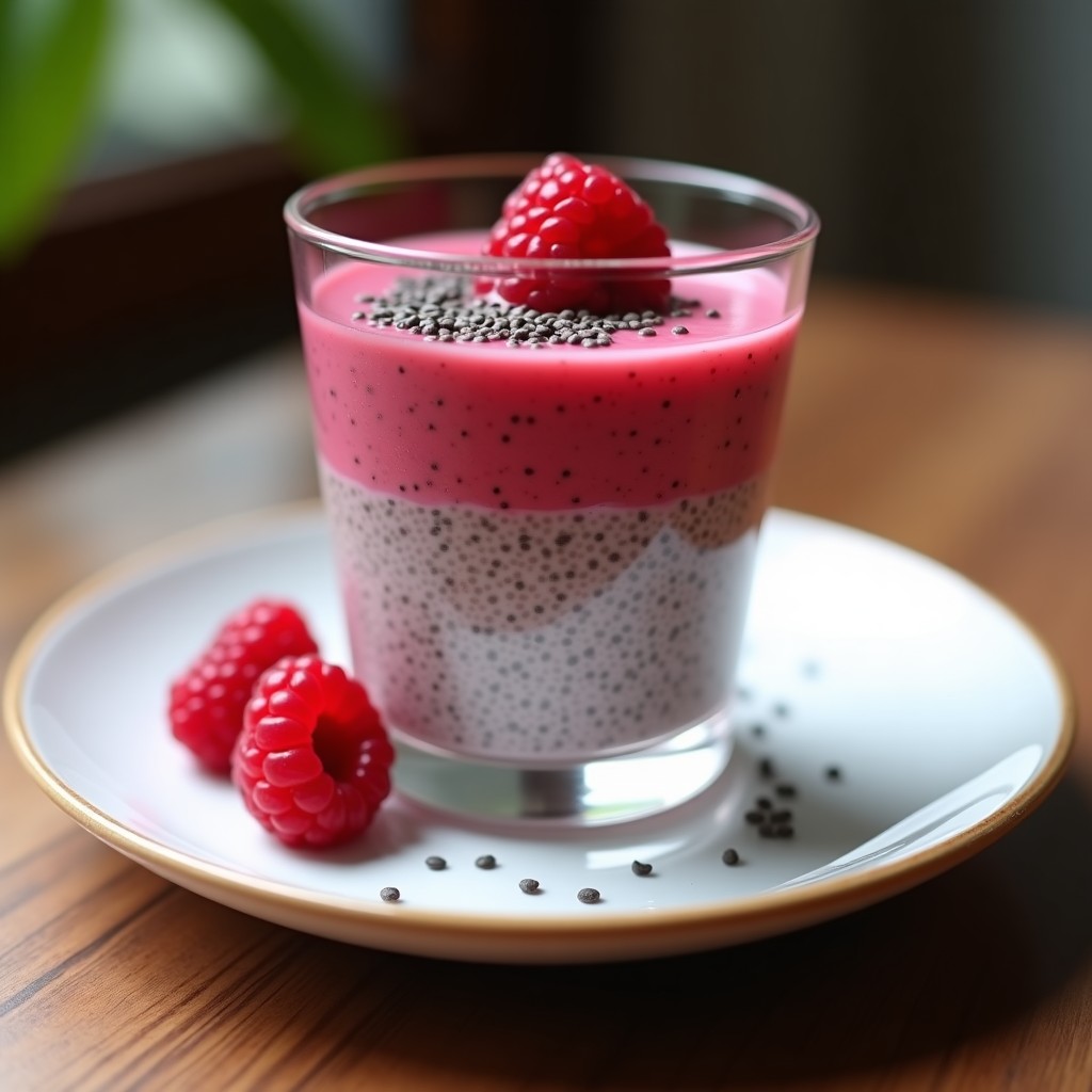 Vasito de vidrio transparente con pudín de chía rosado y cremoso, decorado con semillas de amapola negras y frambuesas frescas. Postre crudivegano sin azúcar con textura gelatinosa y toques crujientes.