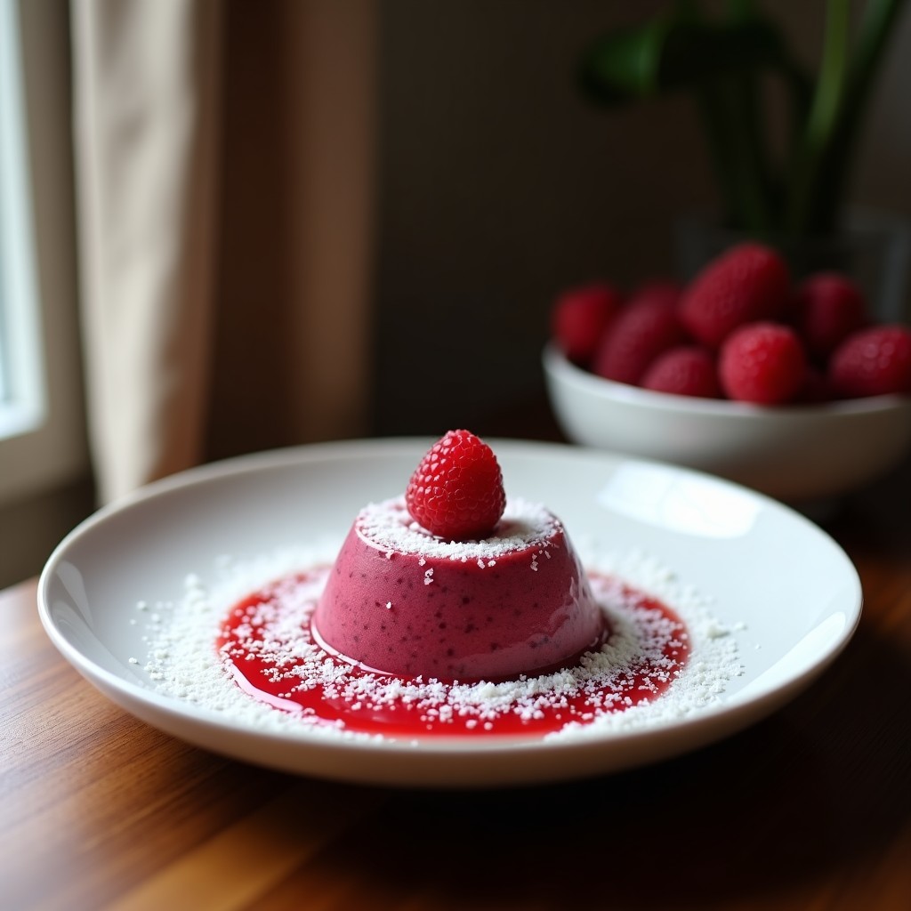 Pudín de chía en copa de vidrio con capas de puré de frambuesas rosado, coco rallado blanco y semillas de chía negras. Decorado con frambuesas frescas y almendras fileteadas sobre fondo rústico de madera.