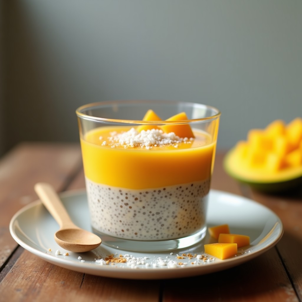 Vasito de cristal transparente con capas de pudín de chía cremoso color beige y puré de mango dorado, espolvoreado con semillas de cardo y coco rallado. Postre ayurvédico vegano sin cocinar sobre fondo rústico de madera.