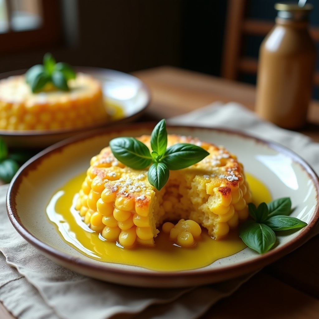 Pudín de choclo dorado con queso vegano de anacardos y albahaca fresca, servido en plato rústico de cerámica. Receta argentina en airfryer sin lactosa, textura esponjosa y superficie crujiente.