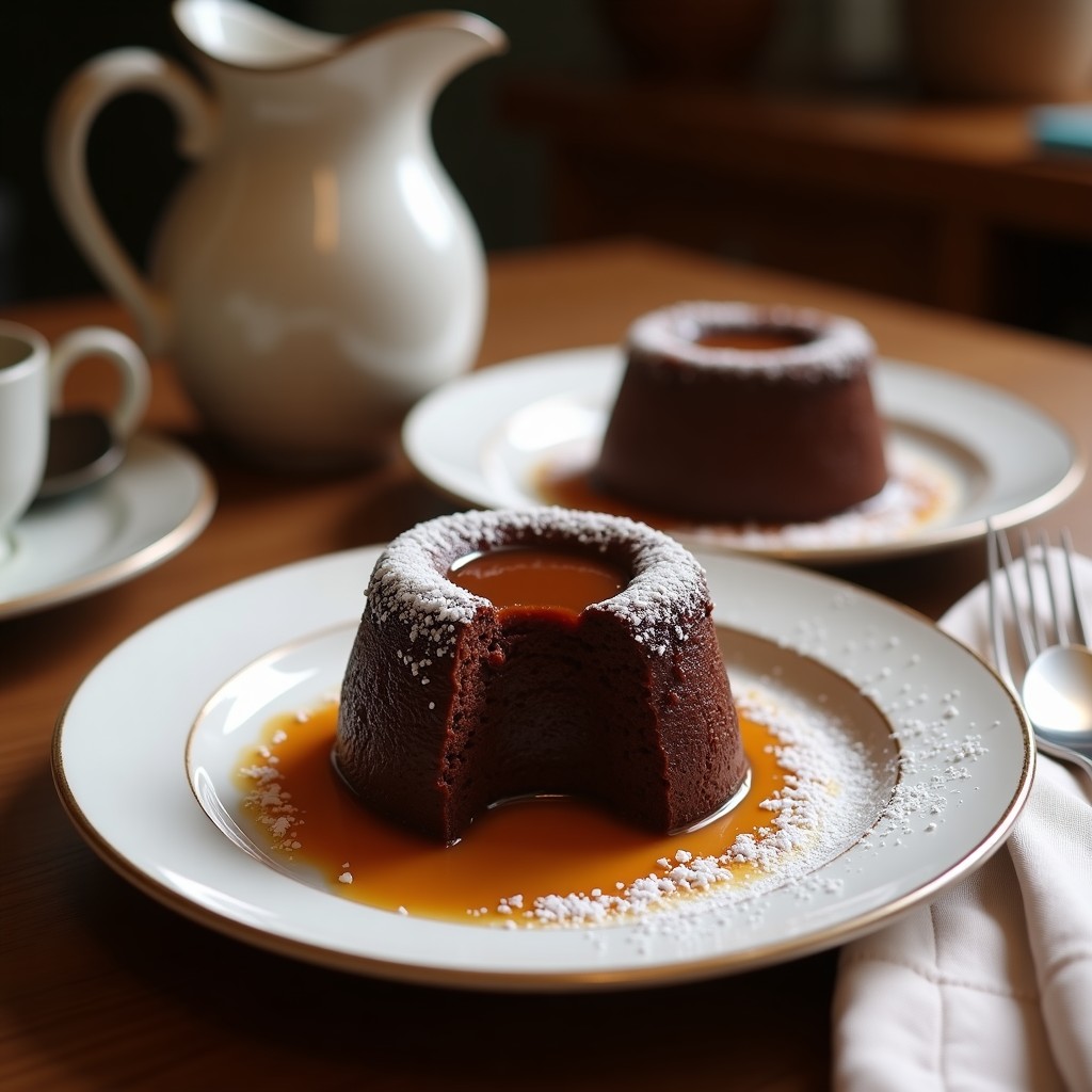 Pudín de chocolate y avena en tazón blanco, esponjoso y humeante, con chips de chocolate derretidos en la superficie, servido sobre mesa de madera rústica.