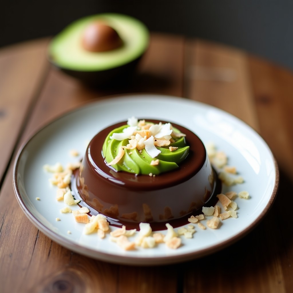 Pudín cremoso de chocolate negro y aguacate servido en copa de cristal transparente, decorado con virutas de coco tostadas y ralladura de chocolate. Textura sedosa y color oscuro intenso, sobre fondo rústico de madera.