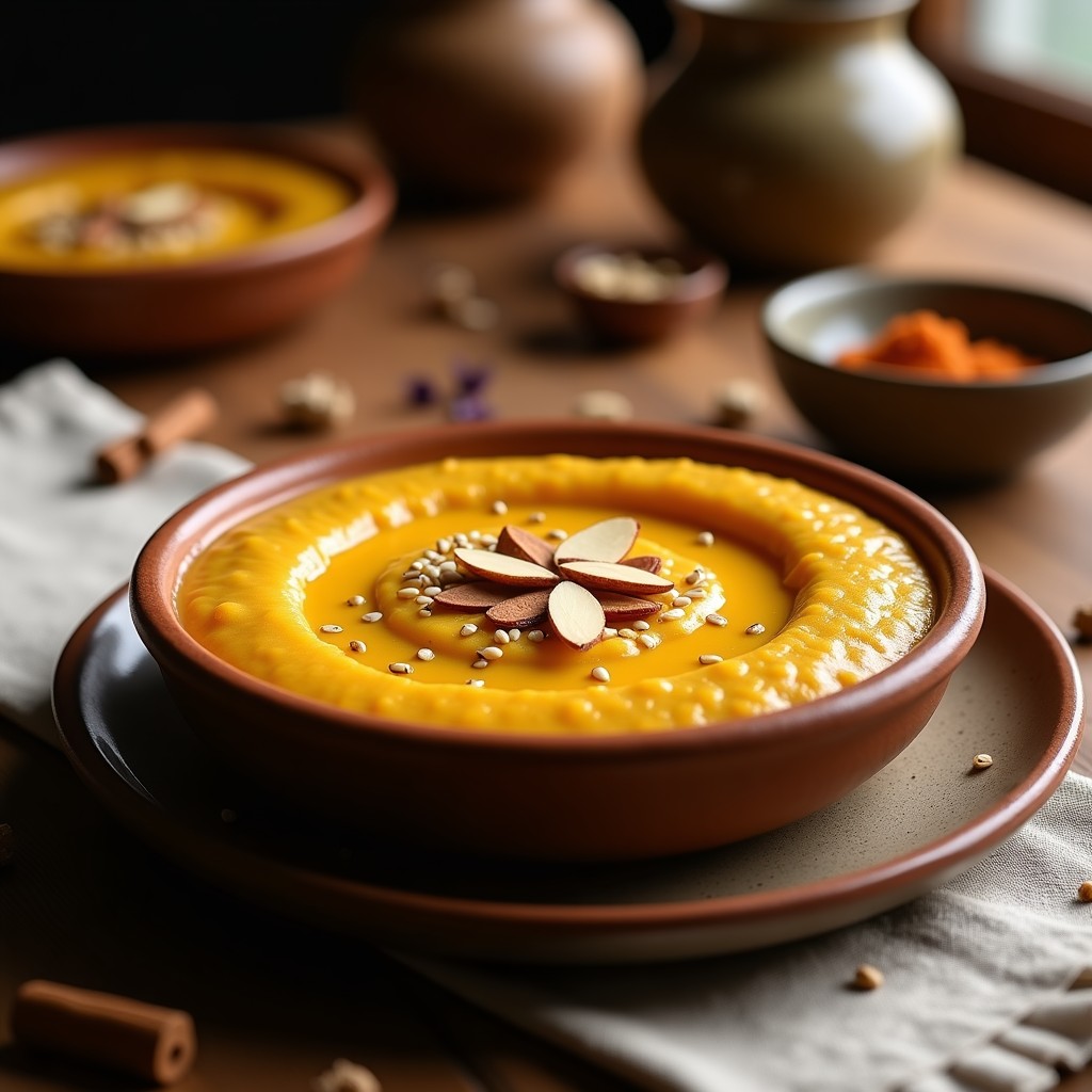 Pudín de lentejas rojas y cúrcuma en molde redondo, decorado con semillas de sésamo y almendras tostadas, con un toque dorado del ghee y un fondo de especias indias como comino y cardamomo. Postre indio dulce y salado en Thermomix.