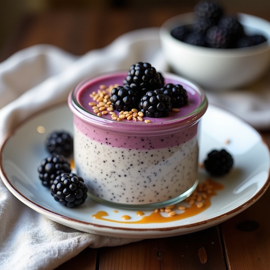 Frasco de vidrio transparente con pudín de semillas de lino y zarzamora keto, textura cremosa y gelatinosa, decorado con zarzamoras frescas enteras y un hilo de aceite de coco. Fondo blanco con detalles rústicos de madera.
