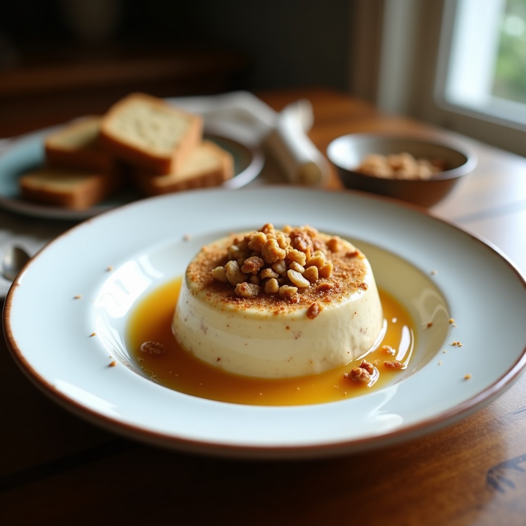 Copas de cristal transparente con capas de pudín de lúcuma y avena color beige dorado, coronado con granola de coco tostada y almendras fileteadas. Postre peruano sin horno y sin azúcar, con textura cremosa y crujiente.