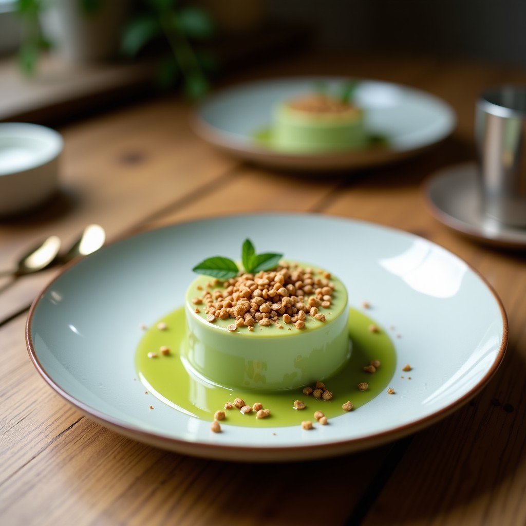 Copa de cristal con pudín de ch morfado de matcha y coco, capas moradas y verdes con textura de mousse, decorado con semillas de sésamo tostadas y espolvoreado de matcha.