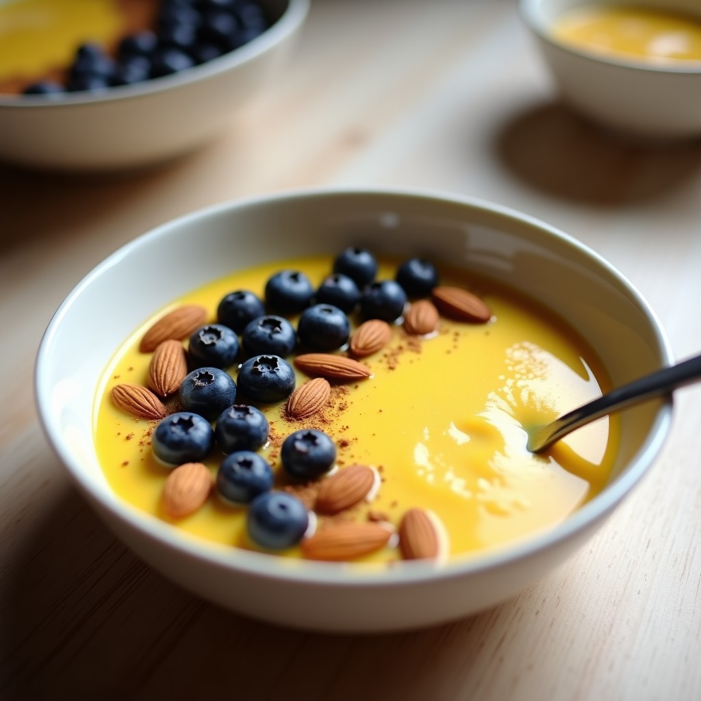 Pudín de mijo con leche de cúrcuma y arándanos servido en un bol de cerámica blanca, con capas doradas y moradas de los ingredientes, decorado con almendras fileteadas y arándanos frescos. Desayuno sin gluten y antiinflamatorio.