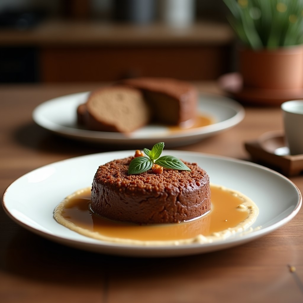 Copas de cristal transparente con pudín de quinoa y cacao en capas, coronado con crema de anacardos espesa y espolvoreado de cacao en polvo. Fondo con semillas de chía y anacardos tostados.