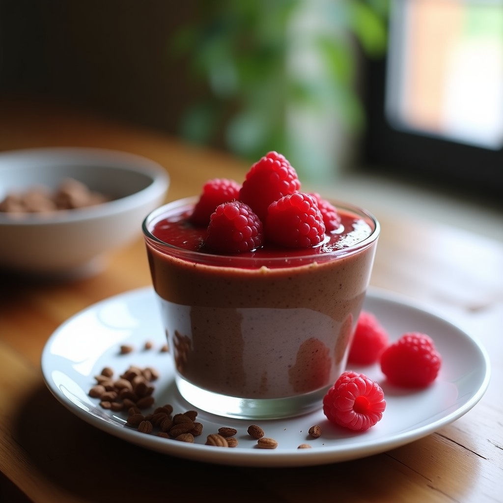 Pudín de quinoa y cacao en copa de vidrio transparente, con capas cremosas de color marrón oscuro, coronado con salsa de frambuesa roja vibrante y frambuesas frescas enteras. Postre keto sin horno sobre fondo rústico de madera con luz natural.