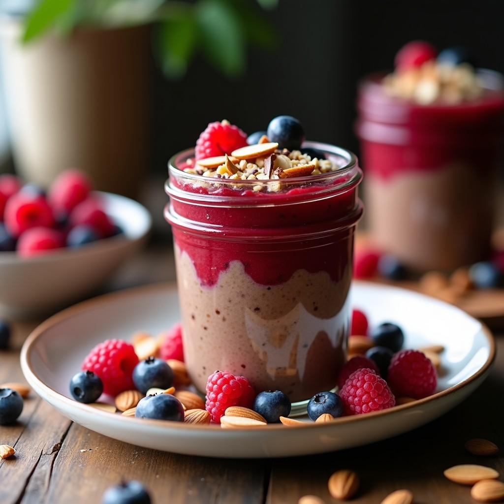 Pudín de quinoa y chocolate con frutos rojos en tarro de cristal, decorado con almendras fileteadas, coco rallado y frambuesas frescas. Textura cremosa y capas de colores vibrantes, ideal para desayuno vegano y sin gluten en Thermomix.