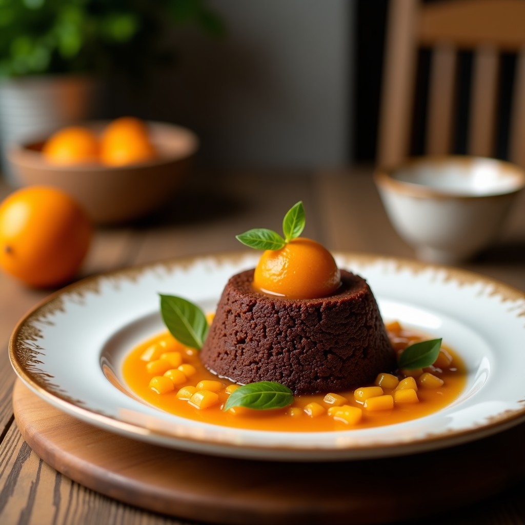 Pudín de quinoa y chocolate negro en copa de cristal transparente, coronado con salsa de naranja sanguina brillante. Textura cremosa con trocitos de quinoa visibles, decorado con semillas de chía y ralladura de naranja. Fondo difuminado con ingredientes: naranjas sanguinas, chocolate negro y quinoa inflada.