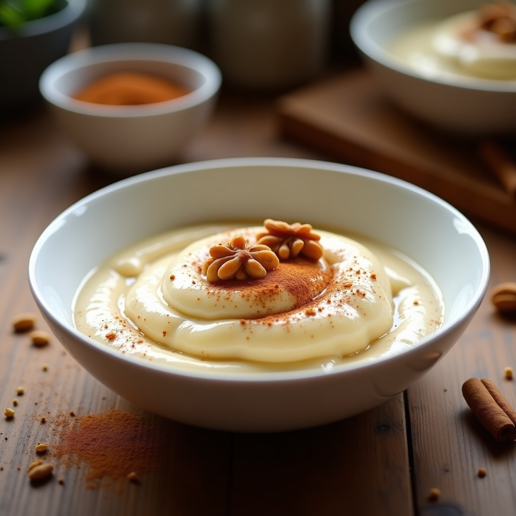 Pudín de quinoa con leche de almendras y canela servido en copa de cristal transparente, decorado con almendras fileteadas tostadas y un toque de canela en polvo, sobre fondo rústico de madera clara.