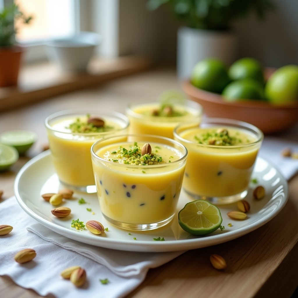 Pudín de semillas de amapola y lima servido en copas de cristal transparente, con capas sedosas y doradas, decorado con pistachos picados y ralladura de lima verde sobre fondo blanco rústico.