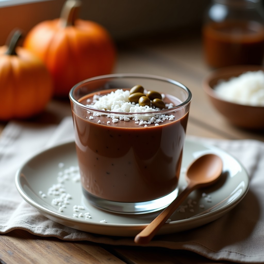 Copa de cristal transparente con pudín de semillas de calabaza y cacao, textura cremosa y oscura, decorado con coco rallado blanco y semillas de calabaza tostadas. Fondo neutro con detalles rústicos de madera.