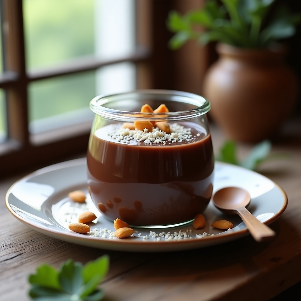 Pudín cremoso de color marrón oscuro servido en un bol de cerámica blanca, decorado con coco rallado y semillas de chía. Textura sedosa y brillo natural, rodeado de semillas de calabaza y cacao en polvo espolvoreado.