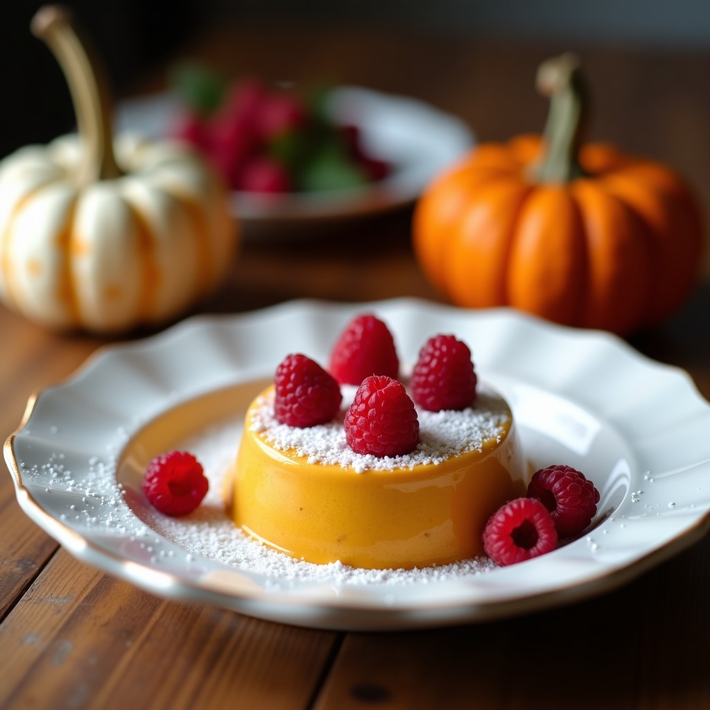 Pudín cremoso de semillas de calabaza y coco en copa de cristal, coronado con frambuesas frescas y un hilo de aceite de coco, sobre fondo de madera rústica.
