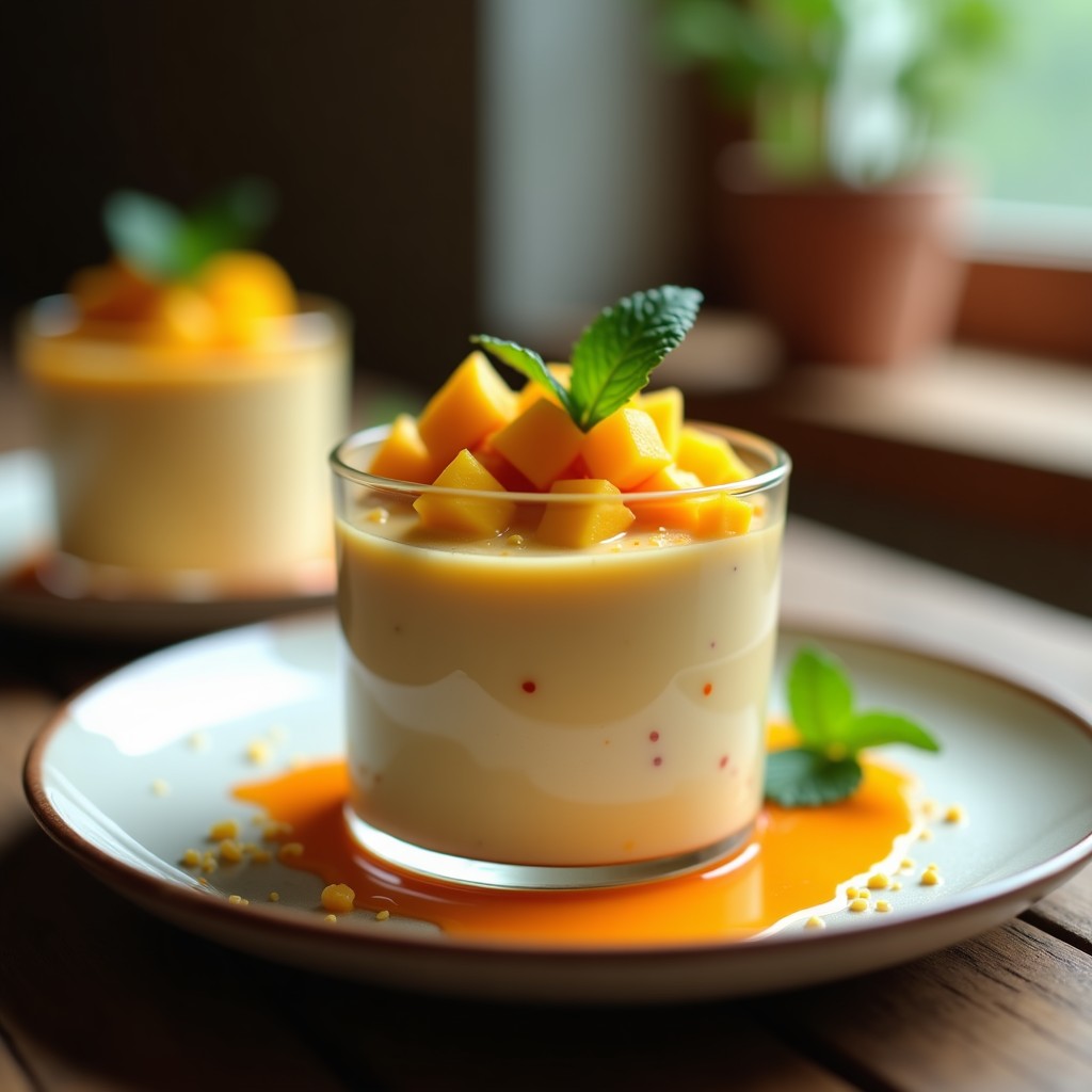 Vasitos de vidrio transparentes con pudín cremoso de color amarillo dorado (semillas de cáñamo y mango), decorados con hilos de salsa naranja-rojiza de chile habanero y semillas de cáñamo tostadas. Postre mexicano vegano elegante y saludable.
