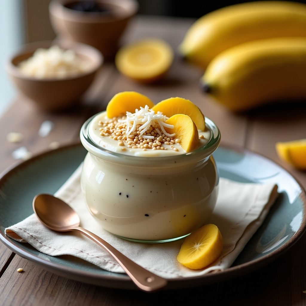 Pudín de semillas de cáñamo y plátano macho vegano servido en frasco de vidrio, con capas cremosas de color beige, decorado con semillas de sésamo tostadas, coco rallado y rodajas de plátano macho. Textura sedosa y aspecto fresco, alto en omega-3.