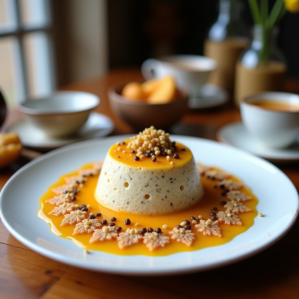 Pudín de semillas de chía con capas cremosas de puré de maracuyá y coco, coronado con crema de coco batida y coco rallado sin azúcar. Postre vegano sin azúcar en copa transparente sobre fondo oscuro.