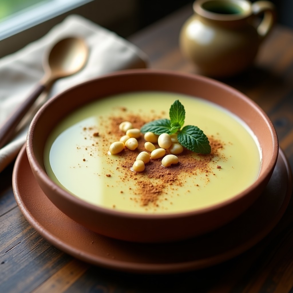 Pudín cremoso de semillas de chontaduro y leche de pistacho en copa de cristal transparente, decorado con nueces de macadamia picadas y ralladura de limón, sobre fondo de madera rústica con hojas de menta.