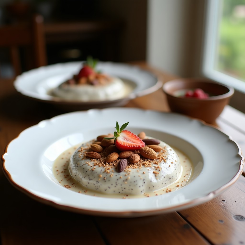 Pudín cremoso de semillas de cóctel con leche de almendras en vaso transparente, decorado con coco rallado y canela, postre sin azúcar rico en omega-3.