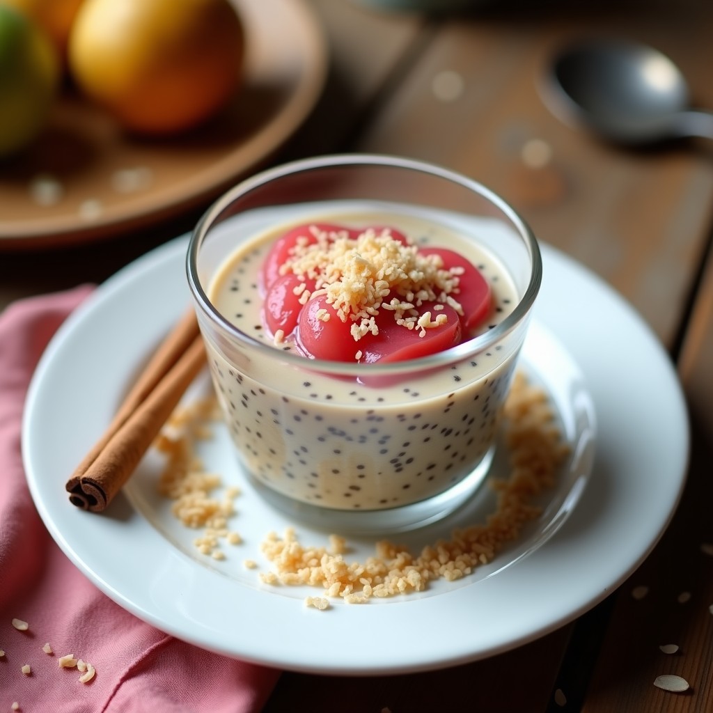 Pudín cremoso de color beige claro en vaso de cristal con capas visibles de semillas de lino y chía, coronado con compota de higo chumbo de tono rosado y coco rallado. Plato de postre sin horno, vegano y saludable.