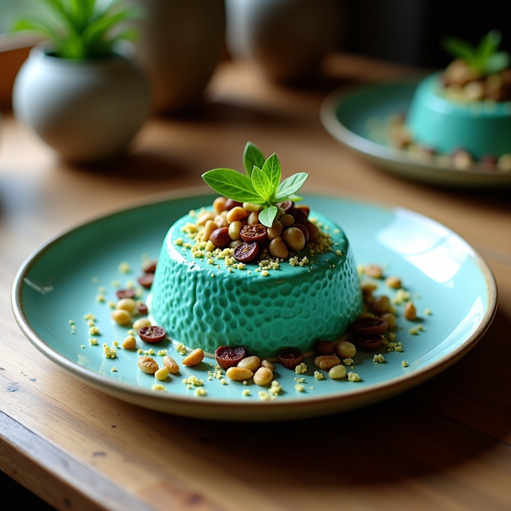Pudín de semillas de lino y blue spirulina en vasitos de cristal transparente, con un vibrante color azul intenso y decorado con semillas de lino doradas tostadas y un hilo de sirope dorado. Postre detox vegano en 5 ingredientes.