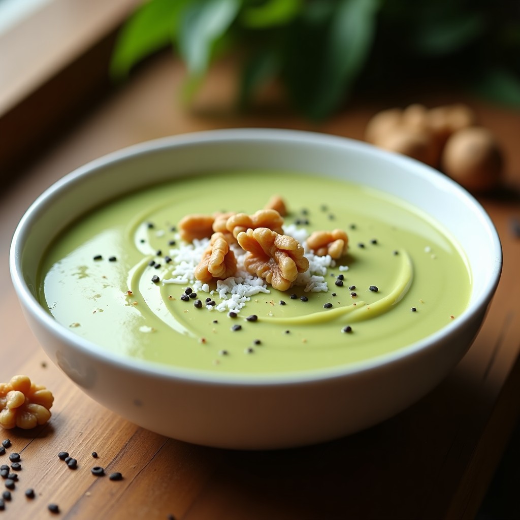 Pudín cremoso de color verde claro con vetas doradas de plátano macho, decorado con nueces picadas y coco rallado en un bol de cerámica blanca, servido sobre una mesa de madera con semillas de chía esparcidas.