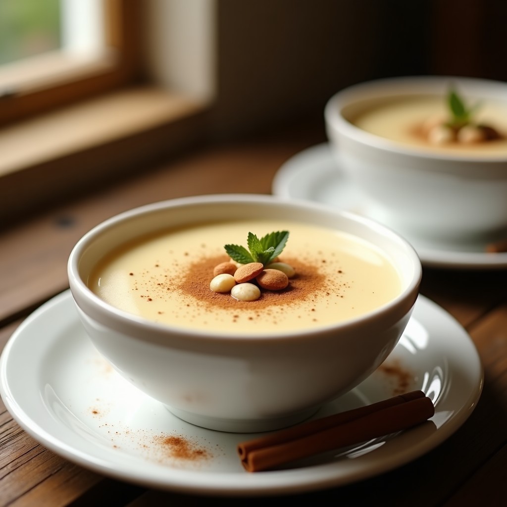 Pudín de semolín con leche de cardo y canela servido en cuencos de cerámica blanca, decorado con almendras fileteadas tostadas y un espolvoreado de canela molida, sobre una mesa rústica de madera con una rama de canela al lado.
