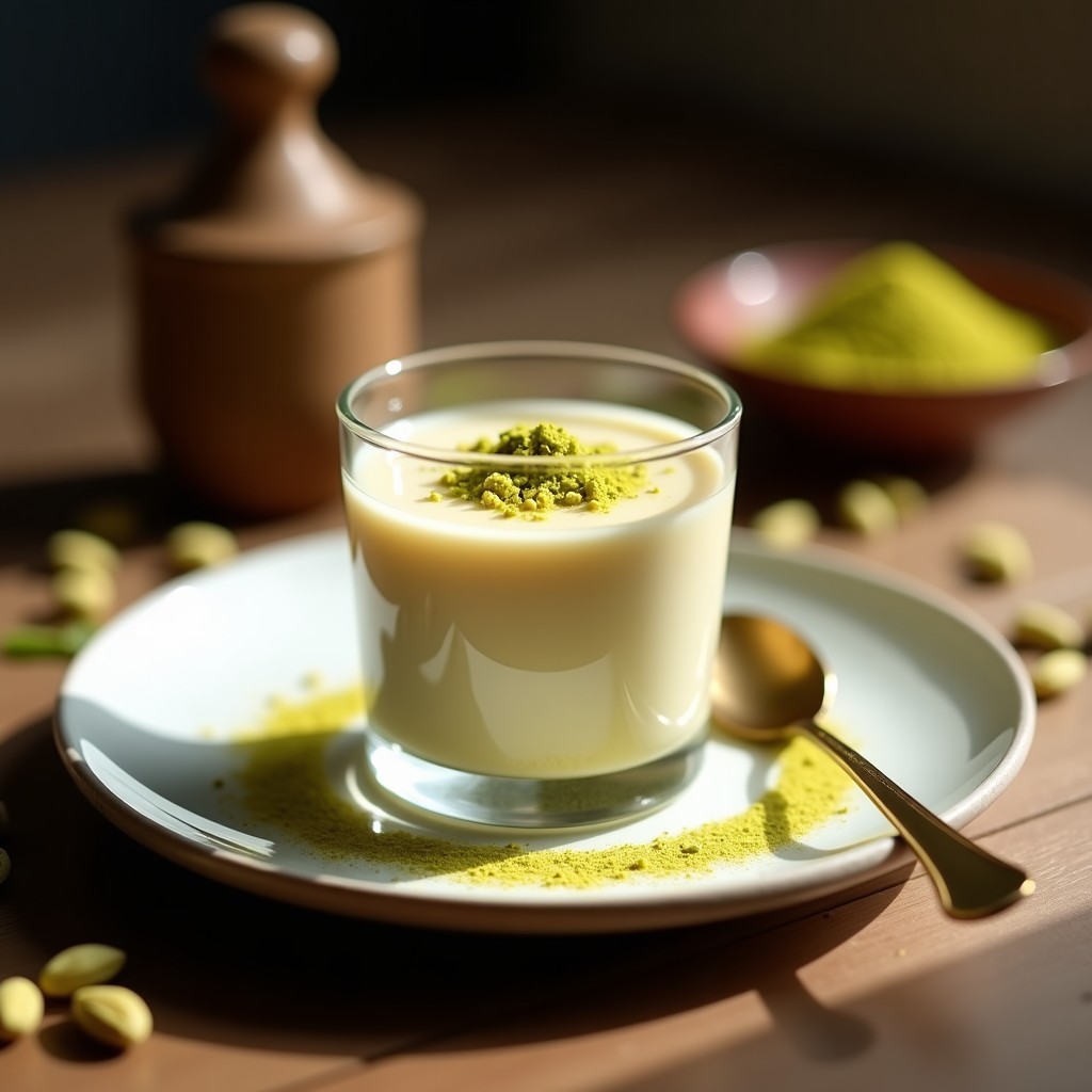 Pudín de semolina cremoso en copa de cristal transparente, decorado con pistachos picados y un espolvoreado de cardamomo verde. Textura suave y color beige claro, con un fondo de especias y frutos secos dispersos.