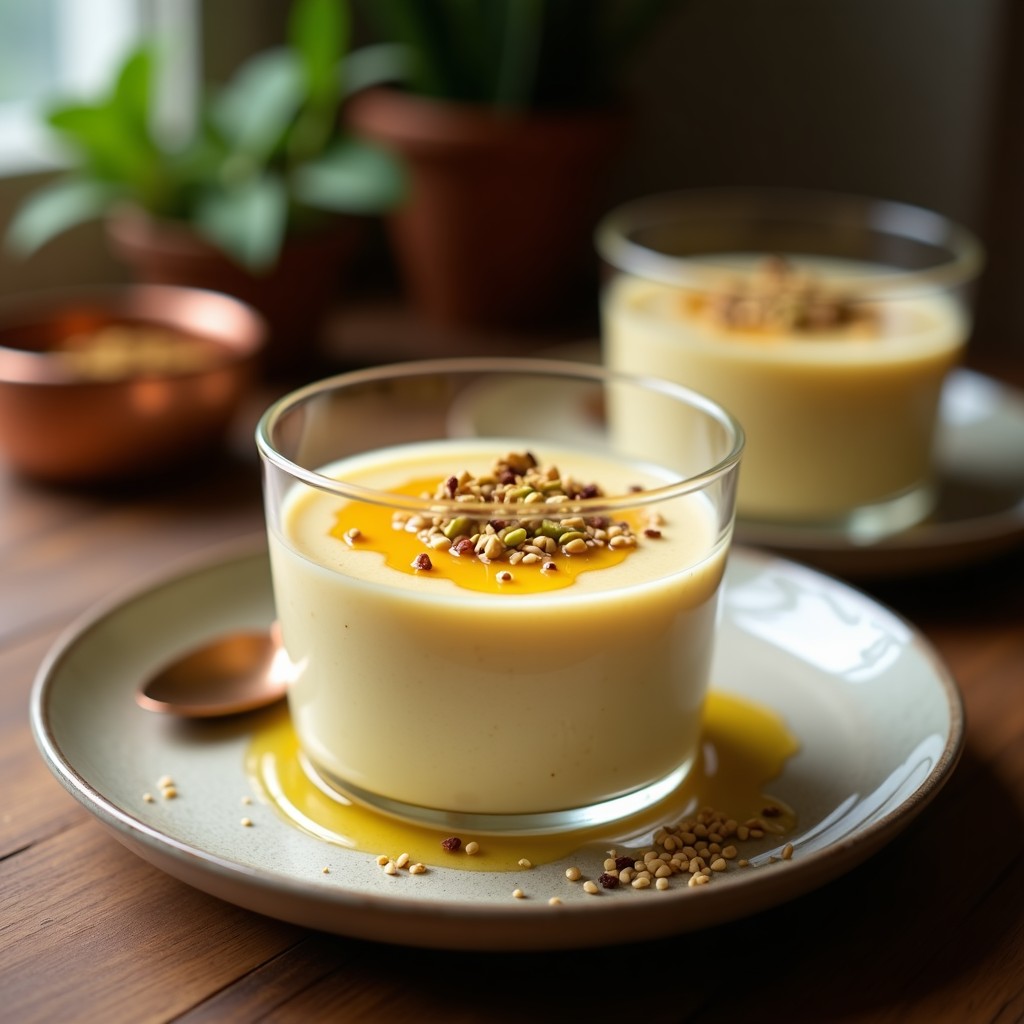 Pudín de semolina cremoso en copa de cristal transparente, coronado con pistachos picados y semillas de sésamo tostadas, con un hilo de miel de dátiles y un toque de comino espolvoreado. Postre árabe tradicional sin horno.