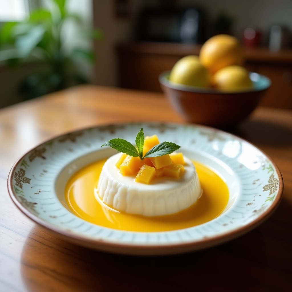 Copas de cristal transparente con pudín de tapioca cremoso, capas de coco rallado y toques de pulpa de maracuyá amarilla, servido frío con una hoja de menta como decoración.