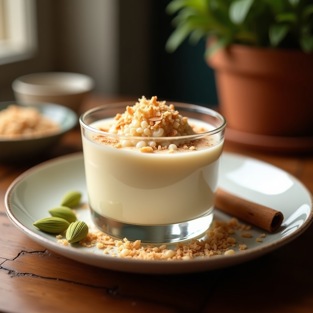 Pudín de tapioca cremoso en copa de cristal transparente, con leche de anacardos, espolvoreado de coco rallado y almendras fileteadas, acompañado de semillas de cardamomo y una pizca de canela en polvo sobre la mesa.