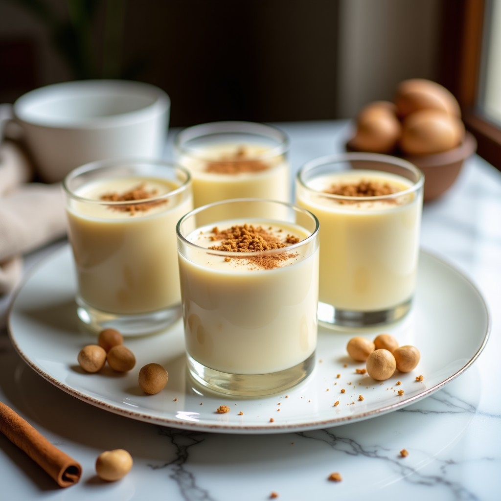 Pudín de tapioca cremoso con leche de avellanas y canela, servido en un bol de porcelana blanca, decorado con canela molida y virutas de avellana, sobre una mesa de madera rústica con luz natural.