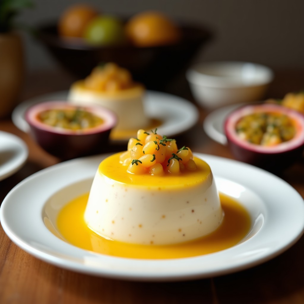 Pudín de tapioca vegano en copas de cristal transparente, con capas cremosas de leche de coco y maracuyá, decorado con coco rallado y semillas de chía. Postre brasilero fresco y colorido.