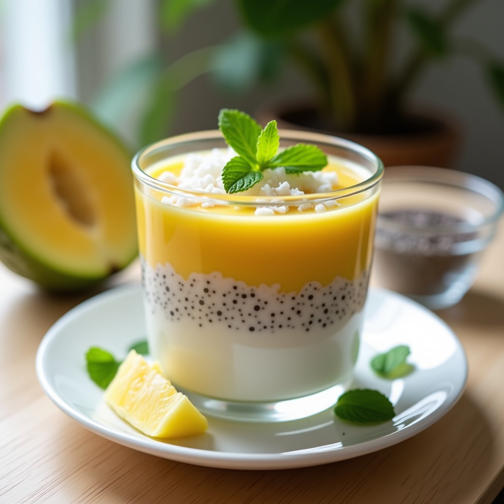 Copa de cristal transparente con pudín de tapioca cremoso, capas de puré de guanábana y semillas de chía visibles, decorado con coco rallado y hojas de menta. Plato tropical sin lactosa sobre fondo de madera clara.