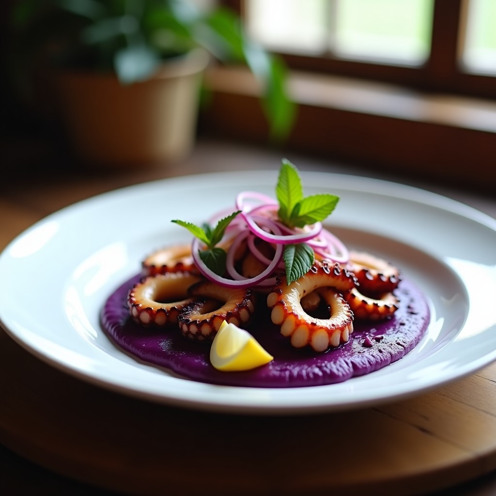 Plato blanco con pulpo a la brasa dorado y jugoso sobre un puré cremoso de Ñame morado, decorado con cebolla morada macerada y hojas de hierbabuena. Receta gallego-peruana en Airfryer.