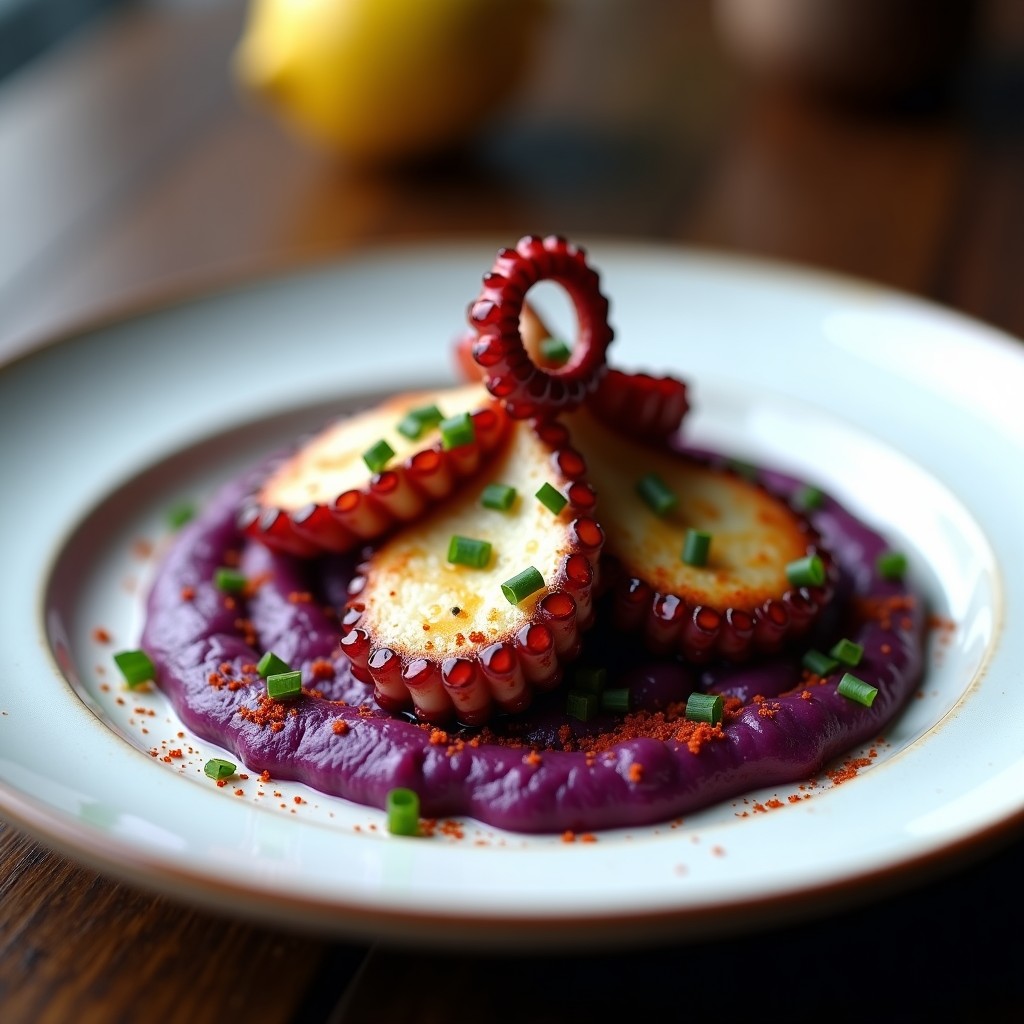 Plato gourmet de pulpo a la brasa dorado y humeante sobre un puré de patata morada cremoso y vibrante, decorado con cebollino fresco y pimentón. Receta gallega en airfryer con toque profesional.
