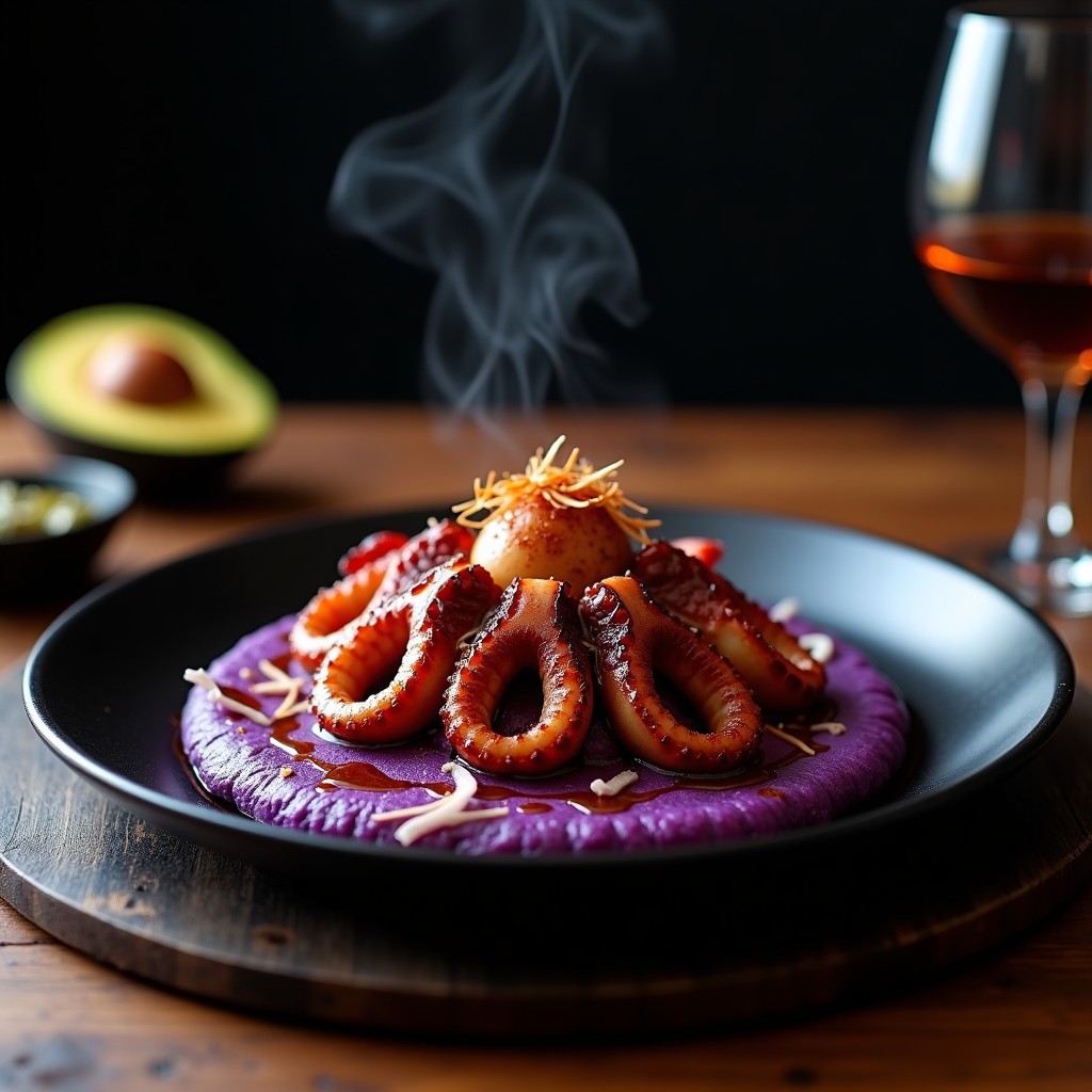 Plato de pulpo a la brasa con trozos dorados y tiernos, servido sobre un puré vibrante de papa púrpura, bañado con aceite de oliva negra y decorado con rodajas de limón. Receta peruana en olla express.