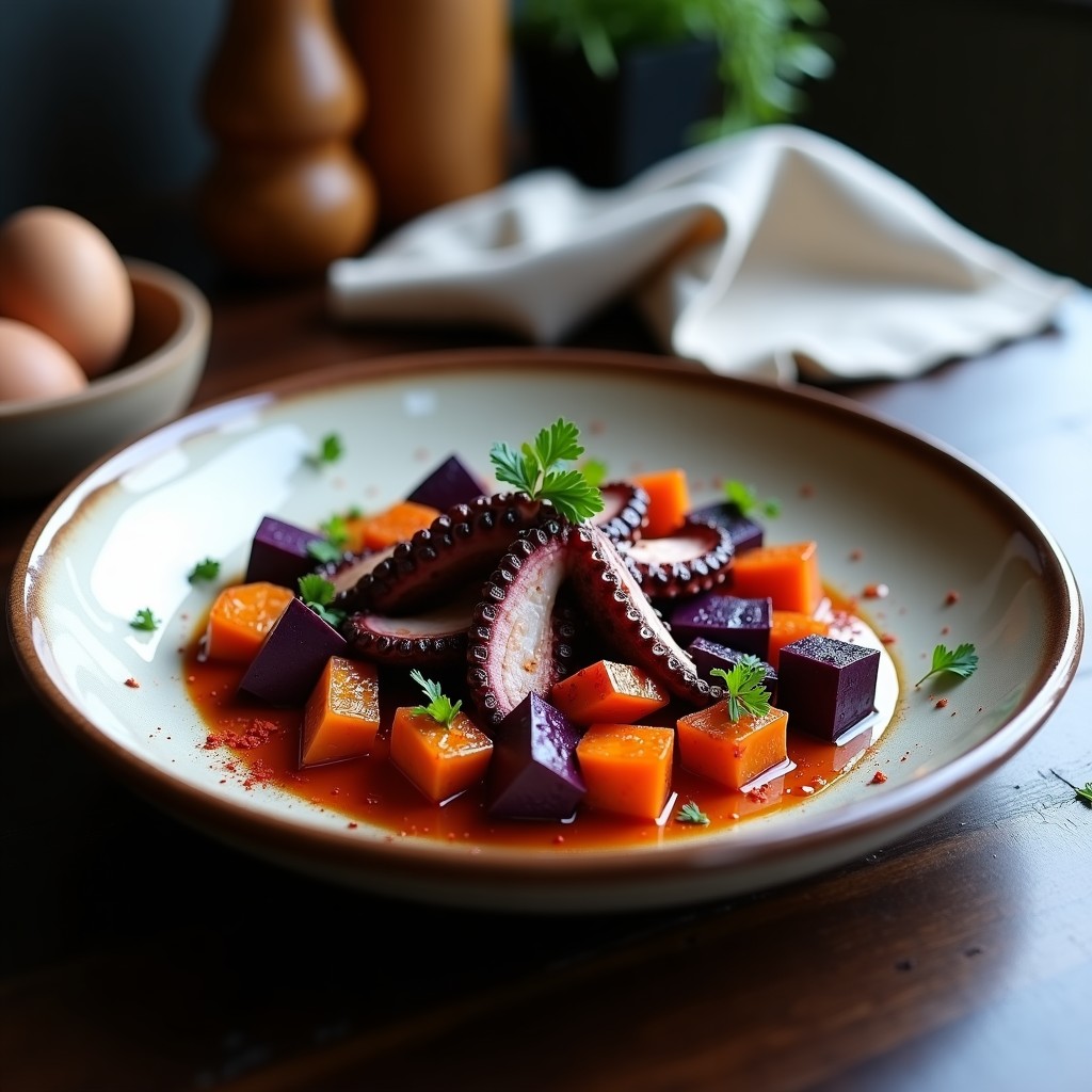 Plato rústico de barro con pulpo a la gallega en trozos tiernos, batata morada asada en cubos, espolvoreado con perejil fresco y pimentón de la Vera, servido con un chorrito de aceite de oliva virgen extra.