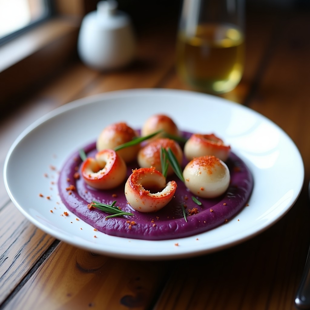 Plato hondo de barro con pulpo a la gallega troceado, patata morada en cubos, espolvoreado con pimentón ahumado y perejil fresco, servido con una salsa reducida oscura. Receta de olla express con toque moderno.