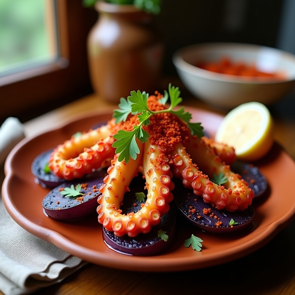 Plato de pulpo a la gallega con trozos dorados y crujientes sobre rodajas de patatas moradas asadas, espolvoreado con pimentón de la Vera y perejil fresco, servido en un plato de barro rústico.