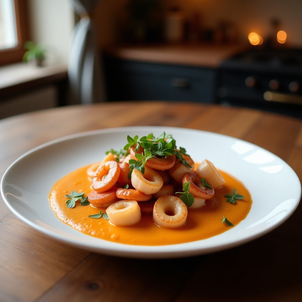Plato de pizarra con pulpo a la gallega en rodajas doradas sobre un puré cremoso de castñas, decorado con perejil fresco y un hilo de aceite de oliva virgen extra, receta tradicional gallega con toques modernos.